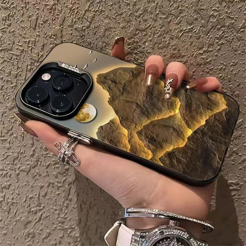 Lucky Golden Mountain Electroplate Silver IMD Case for IPhone 16 15 14 13 12 11 Pro Max XS XR X SE 2 3 7 8 Plus Matte Hard Cover