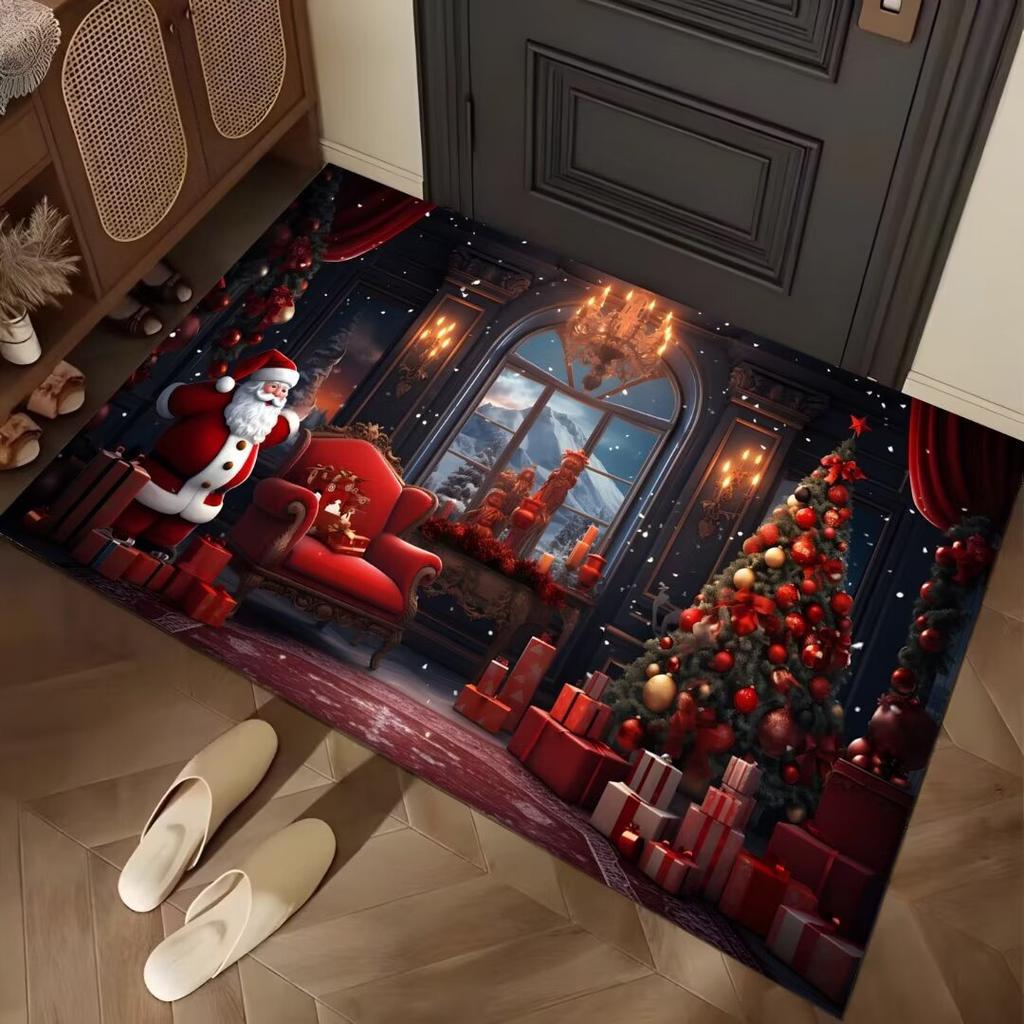 Christmas Tree Palace Santa Claus Carpet Festival Living Room Sofa Bedroom Study Kitchen Entrance Door Rug Non-slip Decor Mat