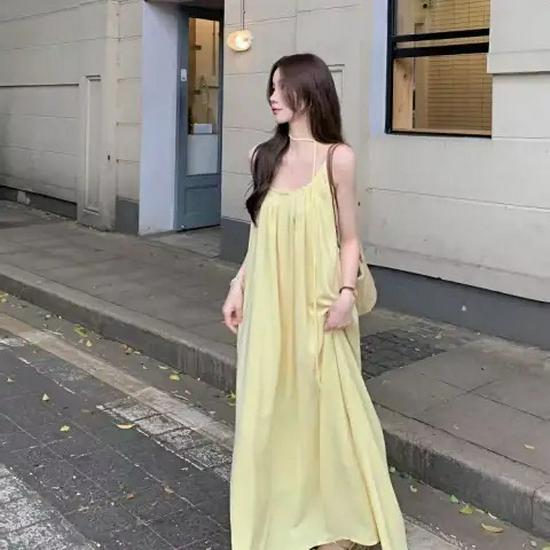 Women's French Style Spaghetti Strap A-Line Dress - Loose, White, Age-Reducing, Perfect for Summer Vacations