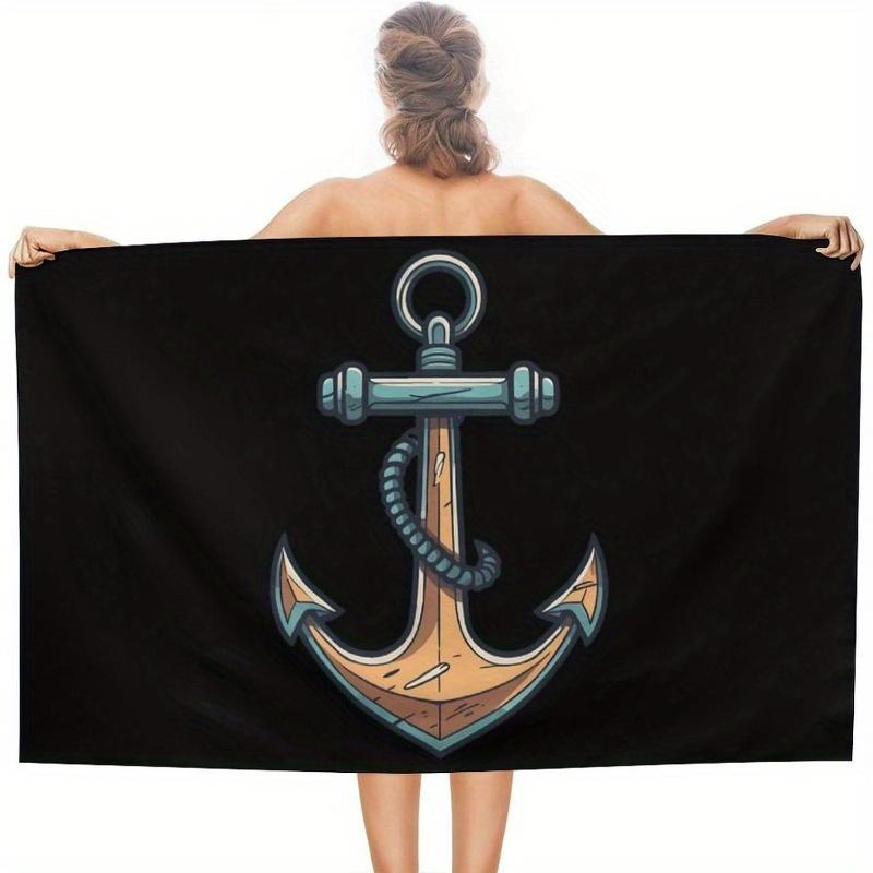 

1pc Boat Anchor Beach Towel - Quick-Dry, Oversized Black & Blue Nautical Design, Soft Polyester, Perfect for Women W30*H60(CM)