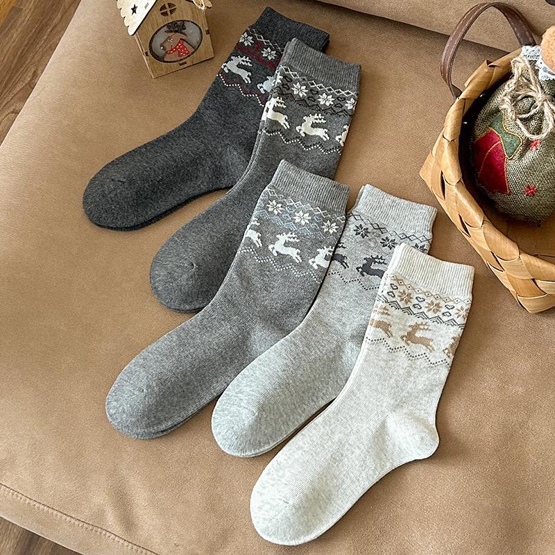 Socks Pure Cotton Tube Socks Season Retro Small Snowflake Elk Cotton Boneless Stacking Socks