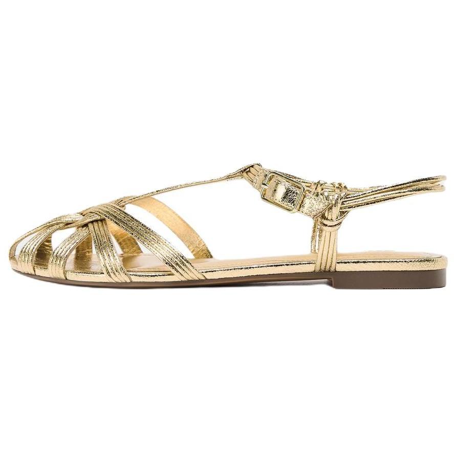 Zara Pu Retro Comfortable Metallic Layer Effect Strap Back Roman Sandals 1.5Cm Women Sandals Gold 2557510091