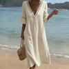Abito Midi da Donna in Cotone e Lino Manica a 3/4 Scollo a V in Pizzo Linea ad A Vestibilità Rilassata Casual per Vacanza al Mare con Tasche