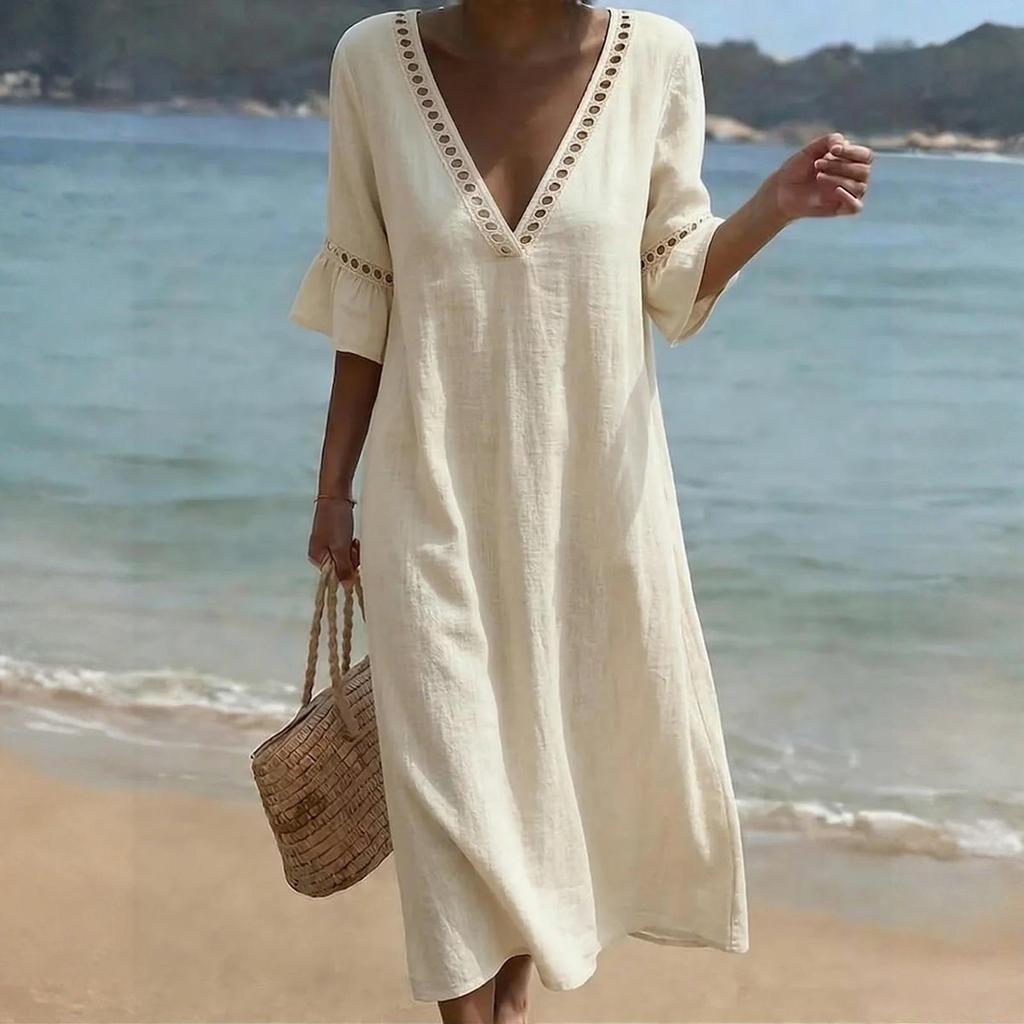 Abito Midi da Donna in Cotone e Lino Manica a 3/4 Scollo a V in Pizzo Linea ad A Vestibilità Rilassata Casual per Vacanza al Mare con Tasche