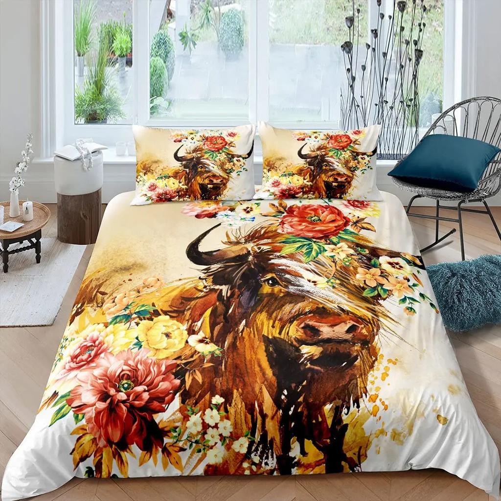 Cartoon Highland Cow Duvet Cover Set Western Animal Bedding Set 3D Ocean Bull Cattle Comforter Cover Floral Branches Quilt Cover