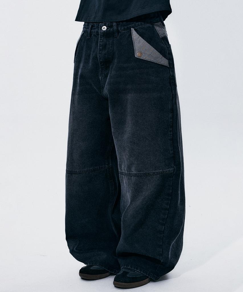 SOMEPLACE MAN Basic Check Color Block Pocket Detail Selvedge Wash Wide Denim Pants [Black Denim]