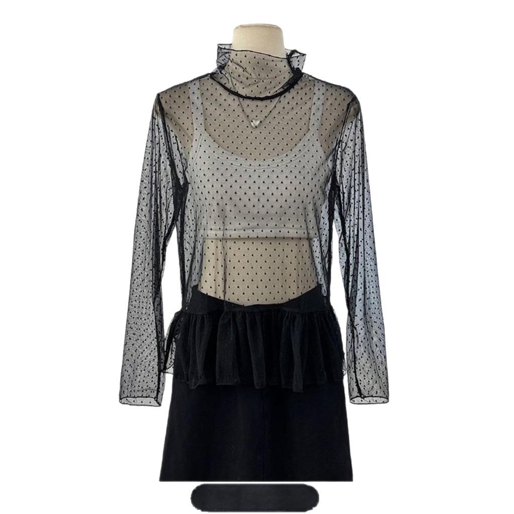 Korean Aesthetic High Neck Polka Dot Lace Ruffle Top