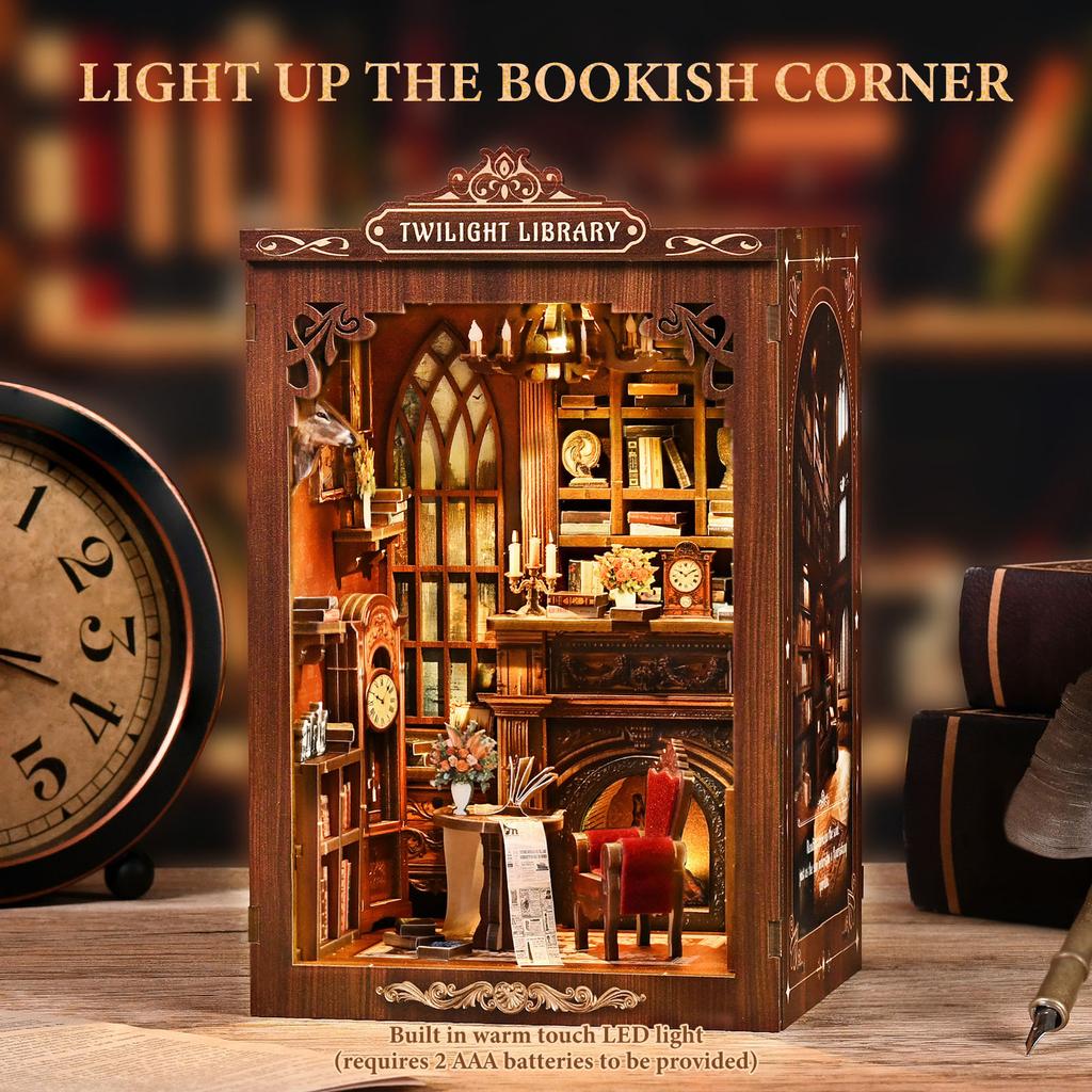 DIY Book Nook Kit Decorative Miniature Nook Bookshelf Insert with LED Light 3D Wooden Miniature House for Book Lovers Home Decor