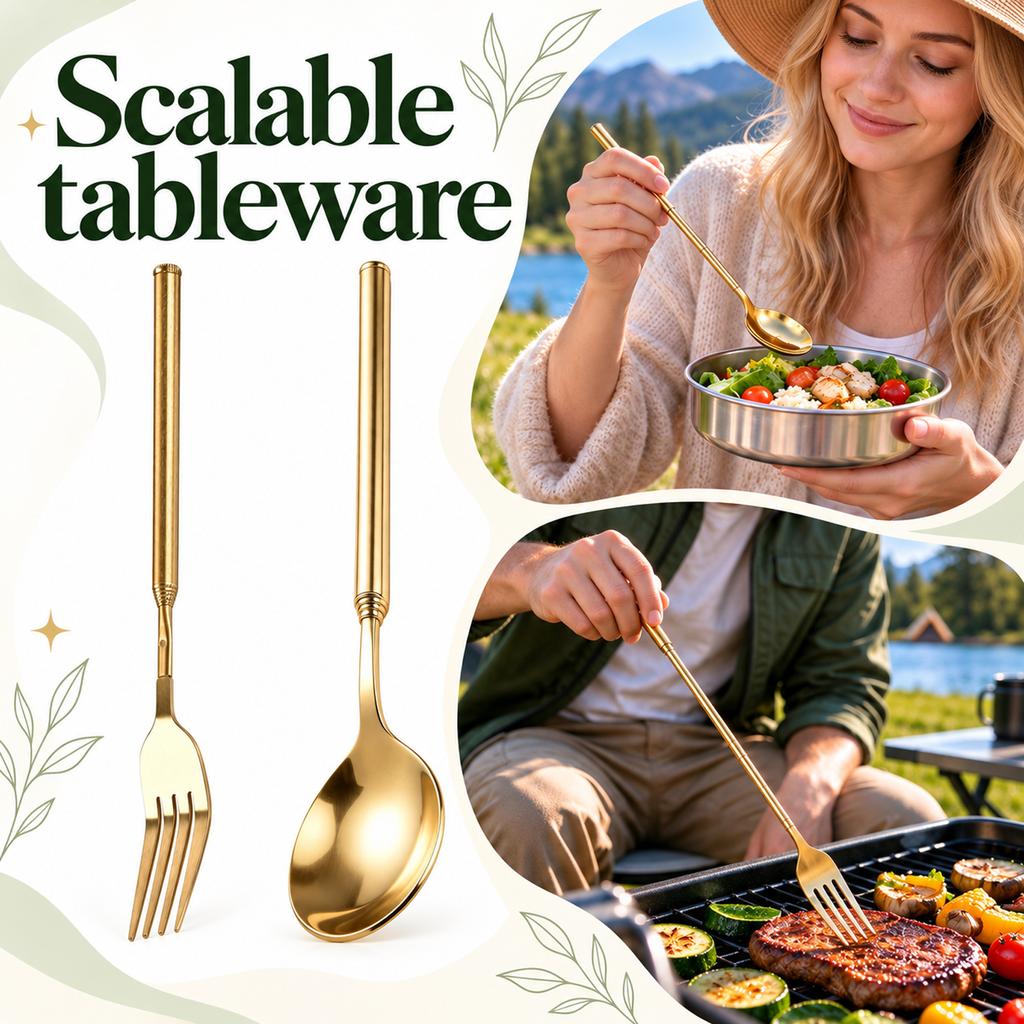 2-Piece Retractable Utensil Set, Gold, Compact Tableware for Daily Kitchen and Dining Use