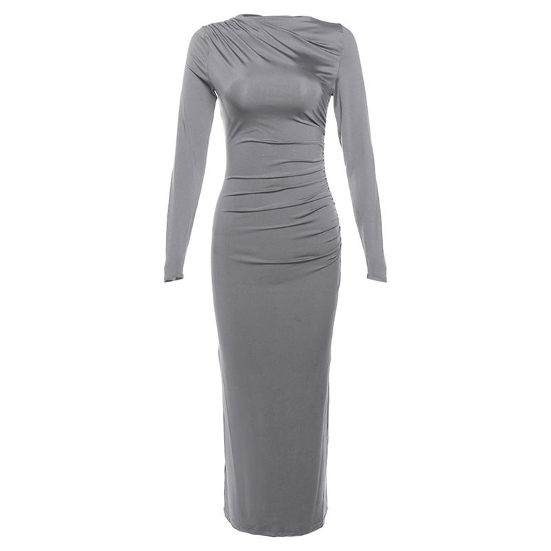 INS Fashion Style 2024 New Arrival Women's Clothing Fashion Round Neck Long Sleeves Silm Hip Bag Pure Color Elegant Dress
