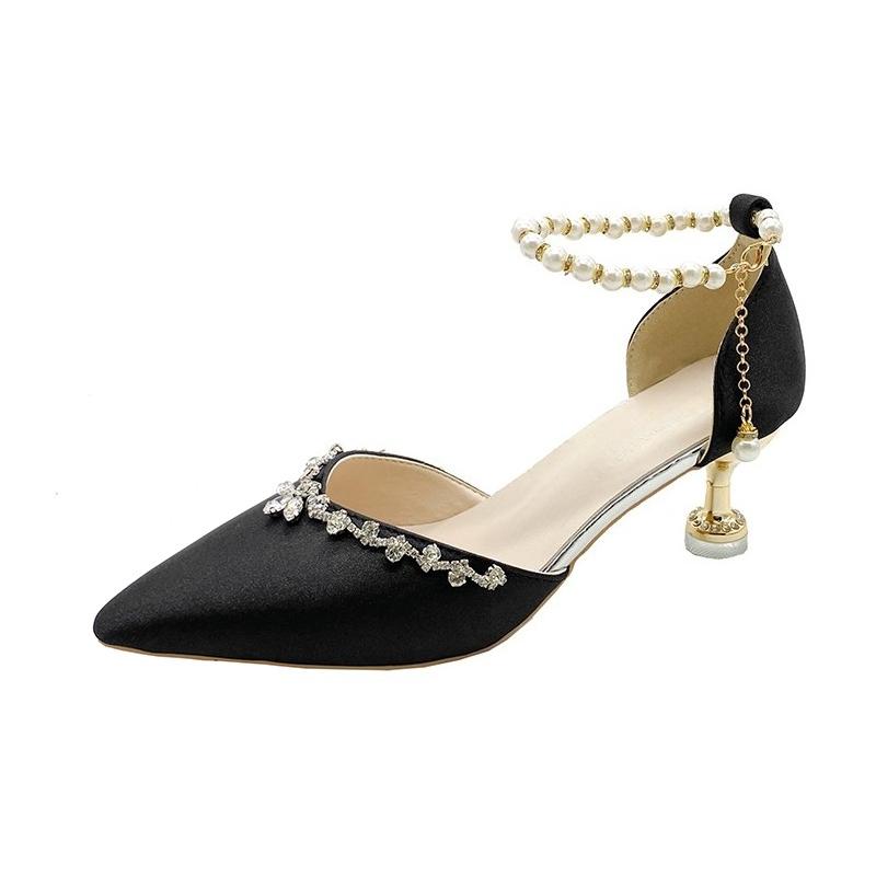 Fashion Brand Design Pearl Chain Ankle Strap Pumps Women 2025 Summer Sexy Pointed Toe High Heel Dress Shoes Luxury Glitter Wedding Pumps