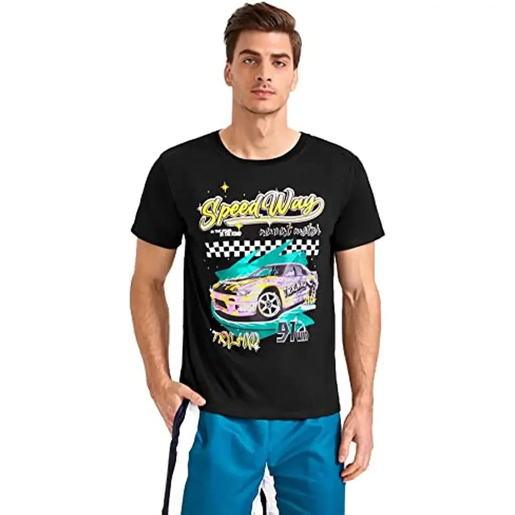 Men Car Letter Graphic Print Short Sleeve Round Neck T Shirt Tee Graphic T Shirts Men Clothing Cotton Daily Four Seasons