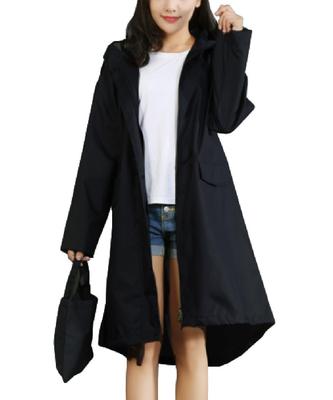 Three Joy Women's Raincoat with Bag, Rain Poncho, Plus Size, Long Length, Stylish, Water-Repellent, Hooded, Zip-Up, Storage Bag, Black, Size M