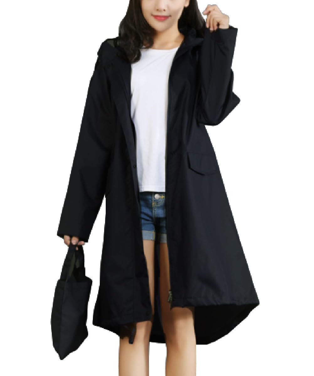 

three Joy Women s Raincoat with Bag, Rain Poncho, Plus Size, Long Length, Stylish, Water-Repellent, Hooded, Zip-Up, Storage Bag, Black, Size M