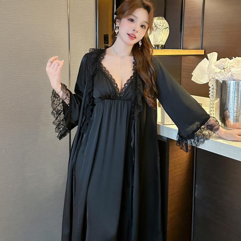 Women's Summer Two-piece Pajamas Sexy Pure Desire Ice Silk French Suspender Nightdress Long Nightgown Princess Style