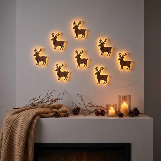 Cozy Winter Home Decorations 7Pcs 3D Light-Up Wooden Reindeer Christmas Decor with Warm LED Backlight, Peel And Silhouette Lights Stick Rustic