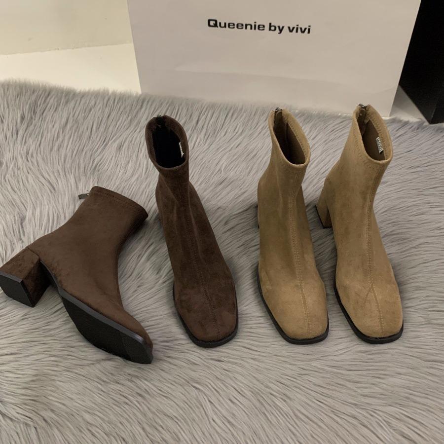 High Heel Square Head Skinny Short Boots Women's Shoes Korean Version Versatile 2025 Autumn and Winter Korean Small Ankle Boots Martin Boots