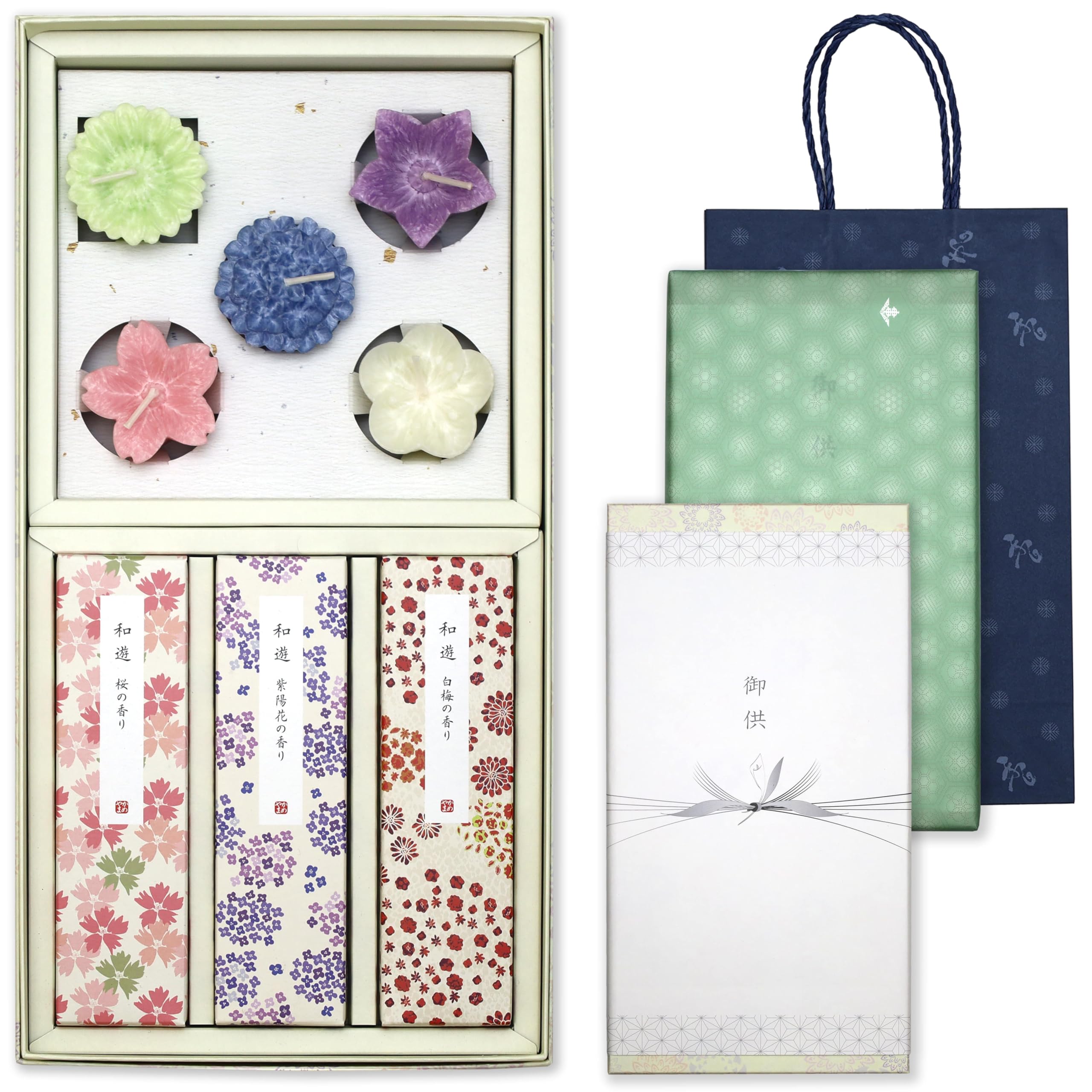 

First Bon Festival Incense Gift Set [Wayu 3 Types, Sandalwood, Gift Wrapping, Flower-Shaped Candles, and Carry Bag Included] Sympathy Gift for the