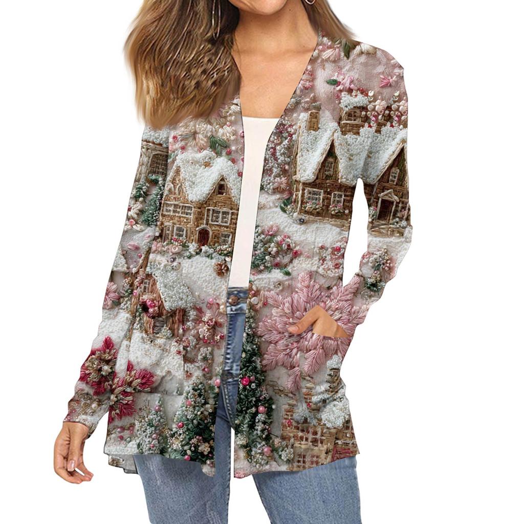 Dámský módní vánoční potisk dlouhý rukáv kapsy slim fit kardigan kabát