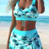 New Printed Suspenders Fashionable Beach Plus Size Swimsuit Three-piece Women's Conservative Shorts Hot Spring Swimsuit