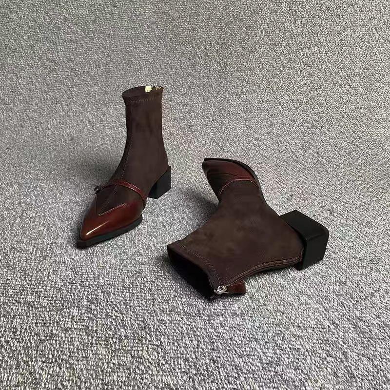2025 New Patchwork Boots Autumn Women's Versatile Fashion Pointed Toe Thick Heel Niche Design Zipper Short Boots 35--40 Size