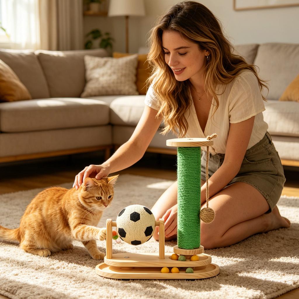 Mult Functional Wooden Pet Activity Center With Sisal Post & Interactive Toys