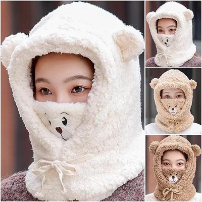 Niedliche Cartoon-Bärenohren-Mütze, Winter, warme Fleece-Plüsch-Schal-Mützen mit Maske, dicke Lammmütze, Skullies-Mützen, Hüte für Frauen und Mädchen
