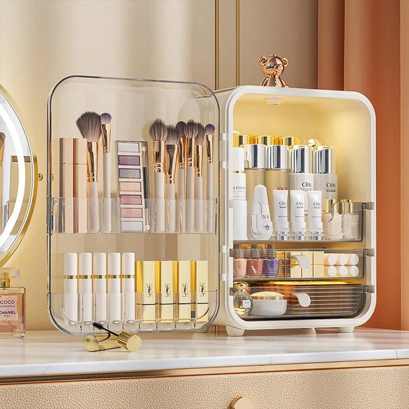 Makeup Organizer Cosmetic Storage Box Light Luxury Desktop Jewelry Organizer with Led Light Lipstick Eyebrow Pencil Container