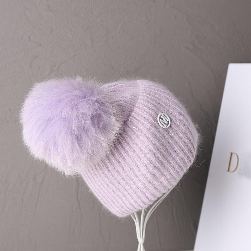New In Hat Real Fox Fur Pom Poms Hat Women Outdoor Warm Skullies Beanie Winter Hat For Women Rabbit Knitted Thick Cap Christmas