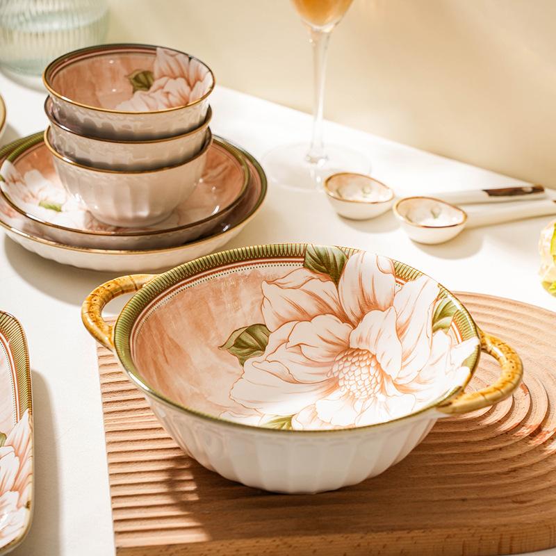 Nordic Creative Camellia Dishes Plates Tableware Household High Value Plates Rice Bowls Soup Bowls Baking Pan Combination