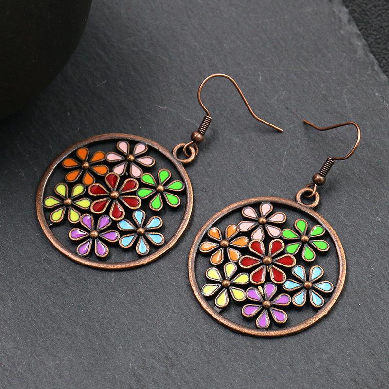 Ethnic Boho Colorful Enamel Earrings For Women Bomemian Retro Hollow Flower Round Geometric Vintage Drop Dangle Earrings Jewelry