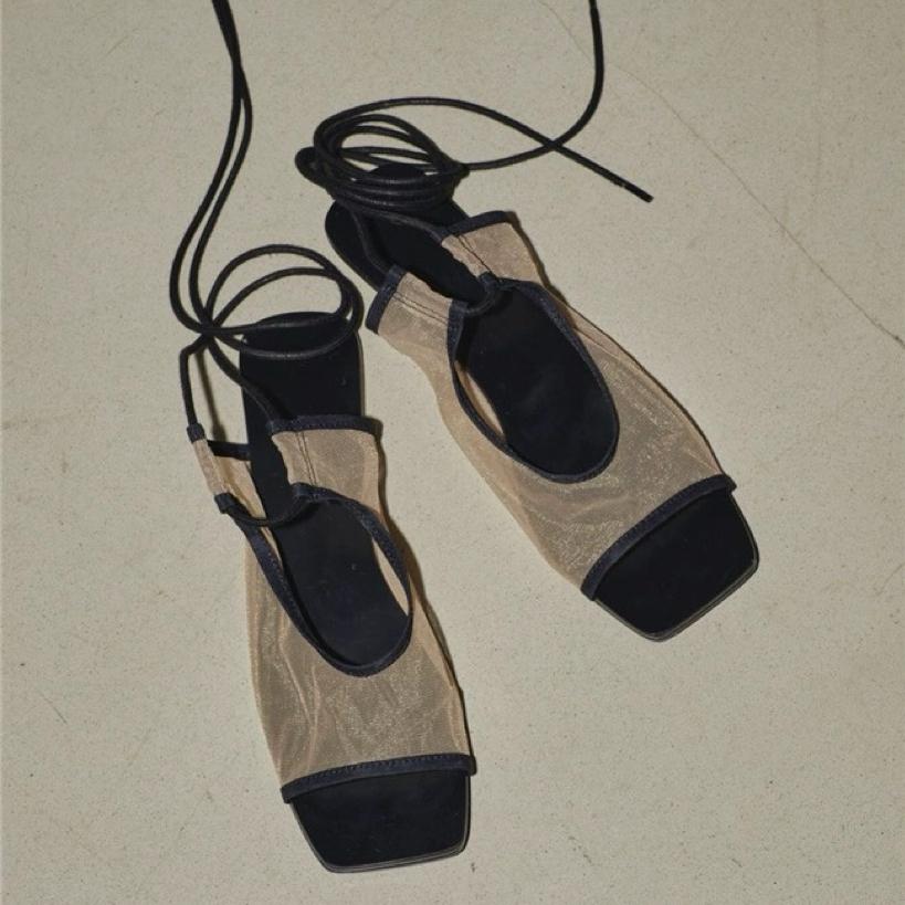 Fashion French Style Square Toe Lace-up Breathable Mesh Open Toe Flats Sandals For Women 2025 Summer Shoes Ankle Strap Sandalias Mujer