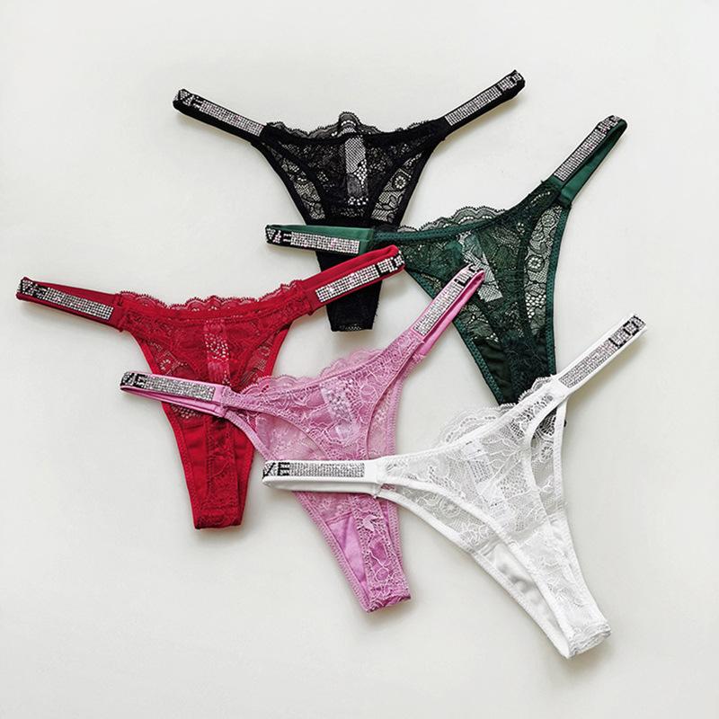 Thong Women's T Pants Sexy Lace Rhinestone Alphabet Fashion Personality High Waist Traceless Transparent Panties