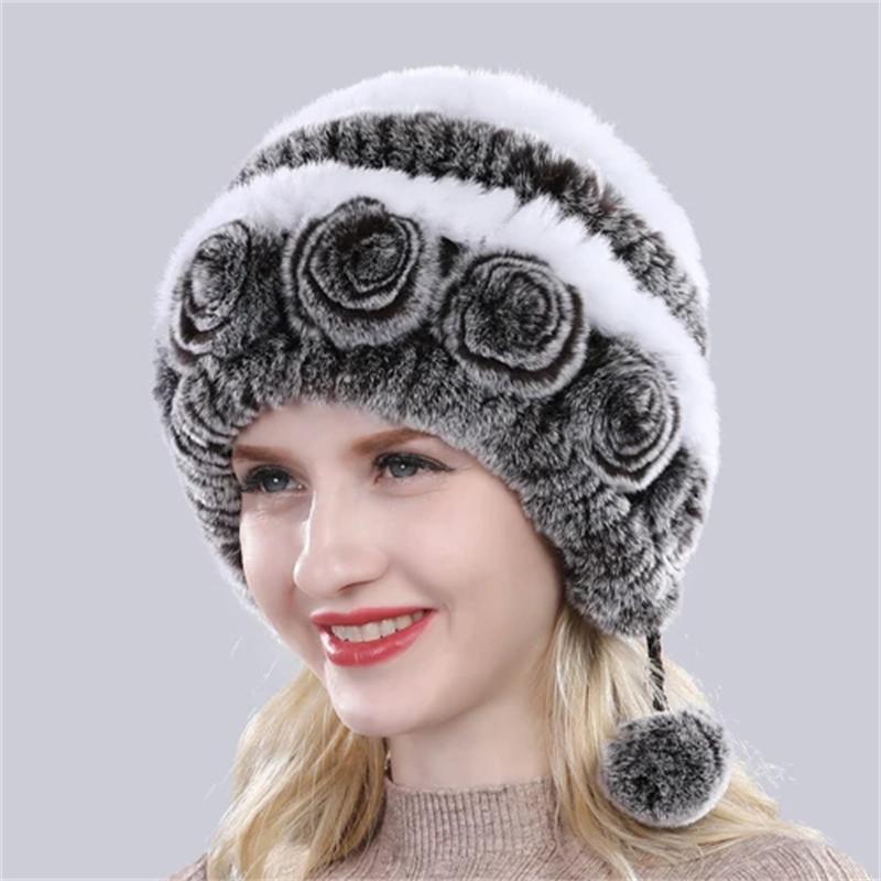 Hot Sale Winter Women Flowers Striped Natural Real Rex Rabbit Fur Hats Lady Warm Knit Genuine Fur Caps