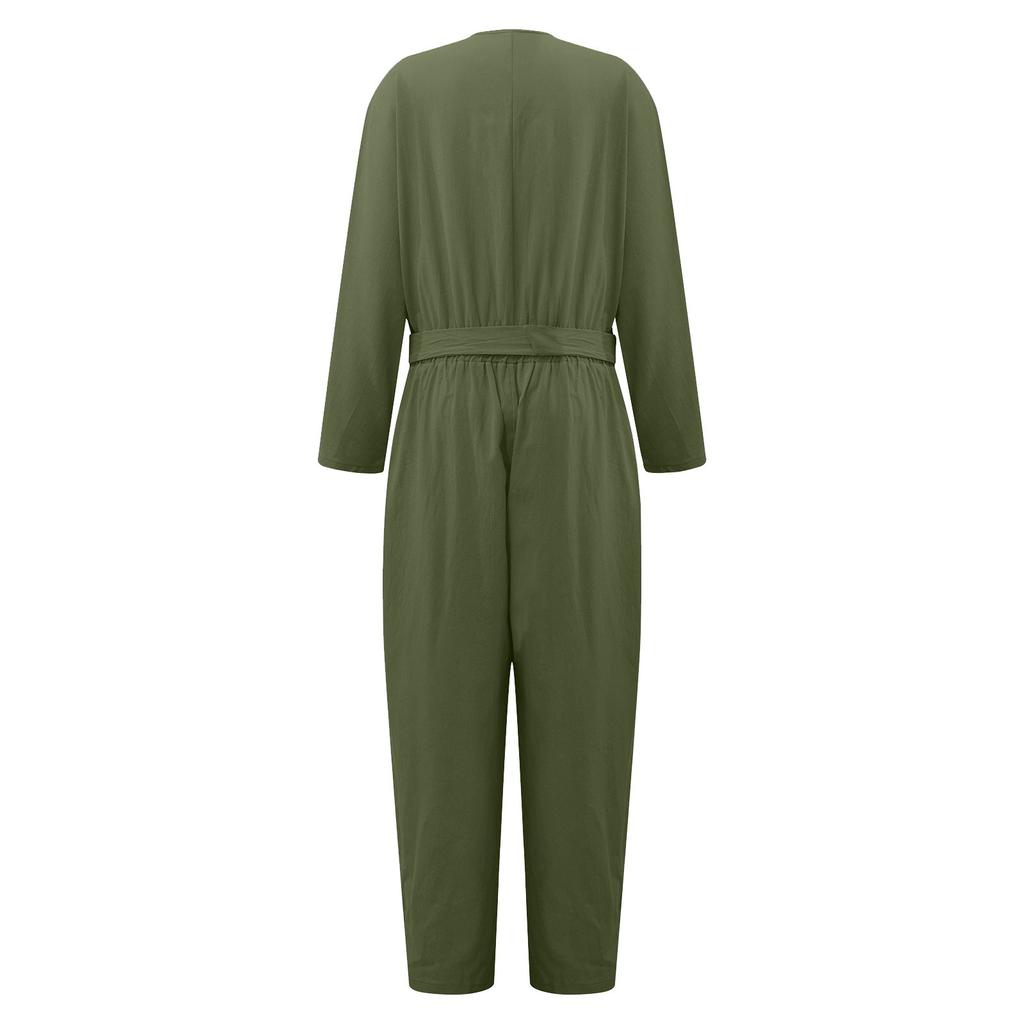 Combinaison Cargo Décontractée Lâche Colorée Coton Lin Revers Ceinture Mode Rétro pour Femmes