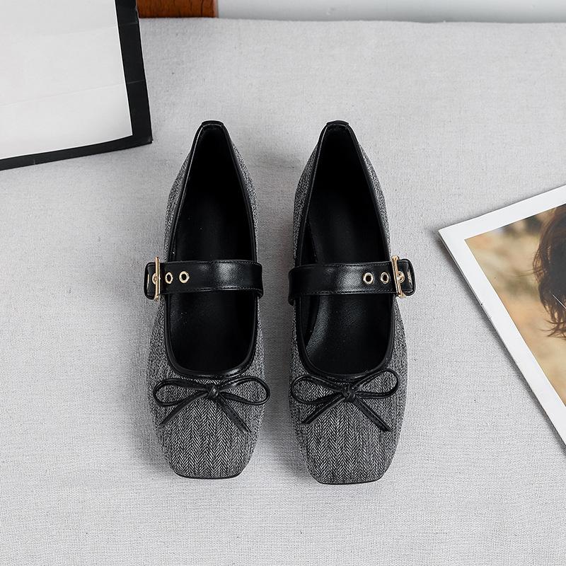 Women Ballet Flats 2026 Autumn Bowknot Square Toe Belt Buckle Design Mary Jane Shoes Elegant Soft Sole High Quality Single Shoes