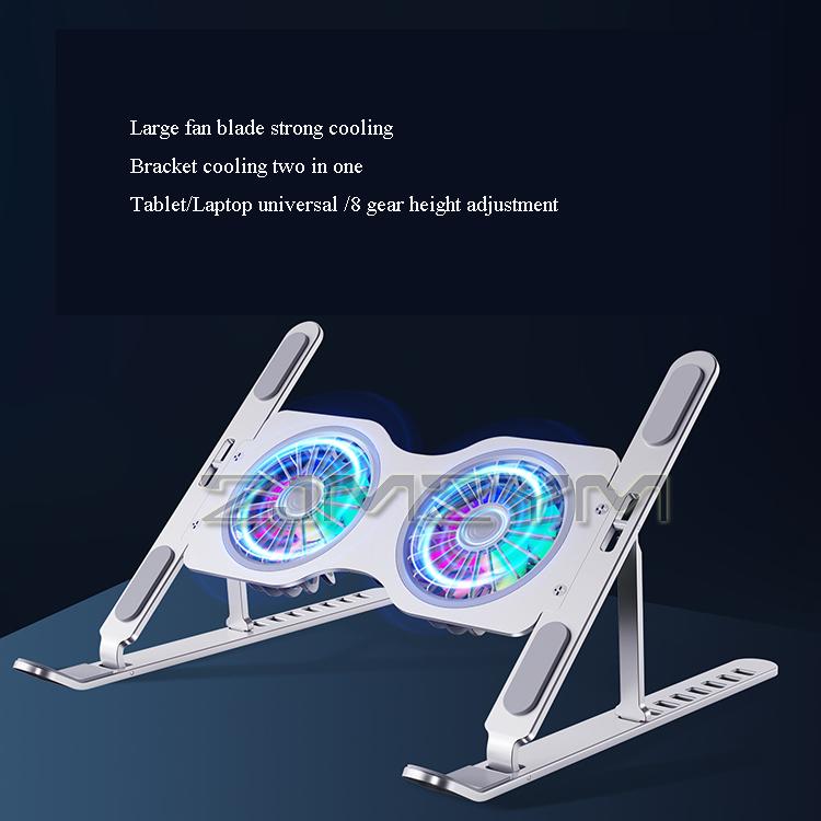 2 Fan Laptop Cooling Stand Adjustable Aluminum Alloy Laptop Cooling Pad With RGB LED Light For Support Macbook Pro Easy To Carry