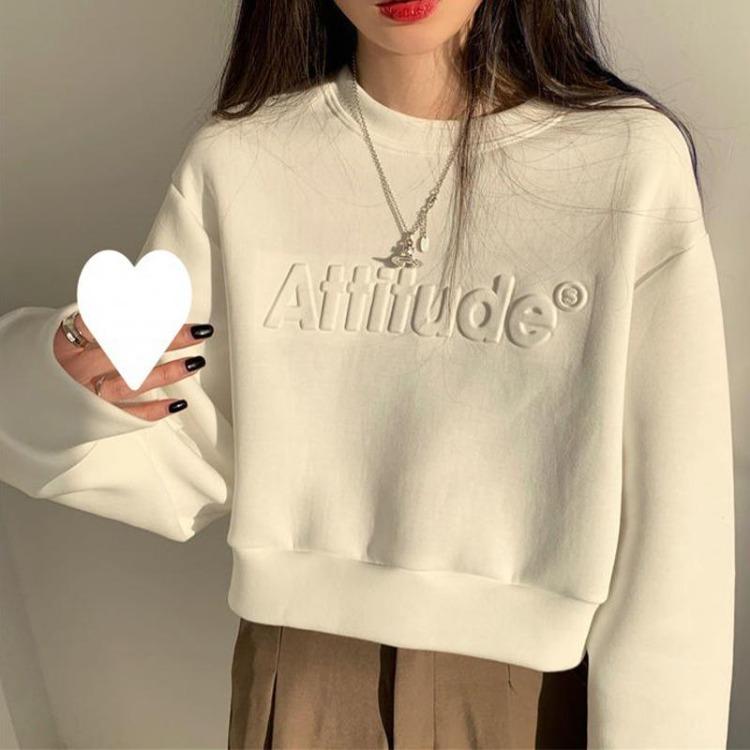 High Waist Women Sweatshirt Short Long Sleeve Solid Color Top