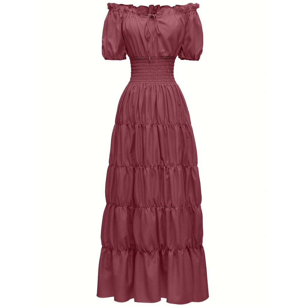 Vestido Largo Retro de Color Sólido para Mujer, Manga Corta, Cuello con Cordones, Cintura Fruncida