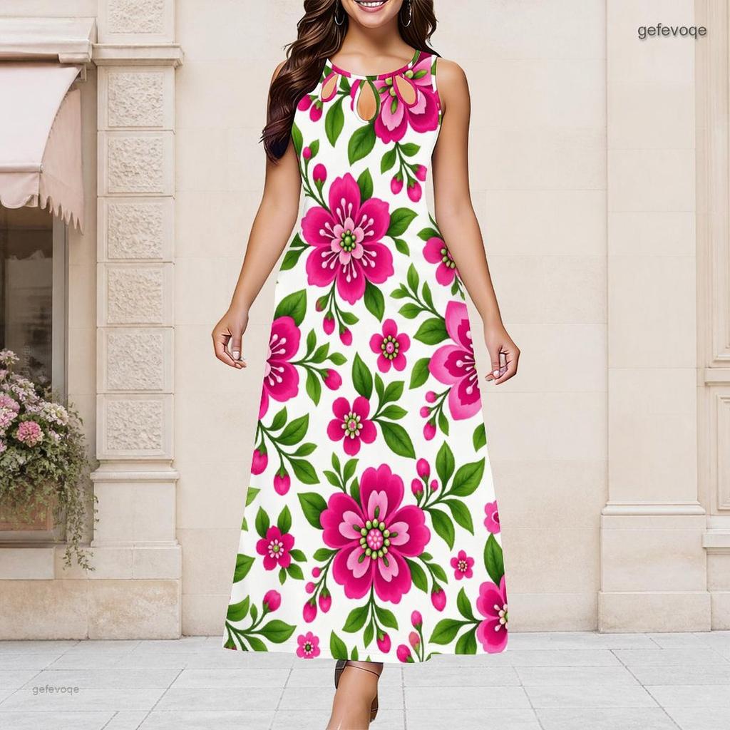 Women Plus Size Round Neck Triple Keyhole Cutout Sleeveless Floral Printed Long Dress
