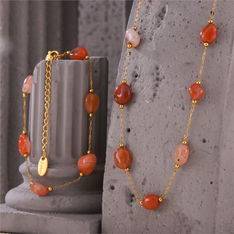Irregular Real Natural Agate Stone Bead Combining Stainless Steel Necklace Bracelet For Women Luxury Elegant Women's Zircon Set