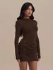Women's Slim-Fit Pleated Dress: Long Sleeve, Waist-Cinching, Solid Color, Hip-Hugging Design