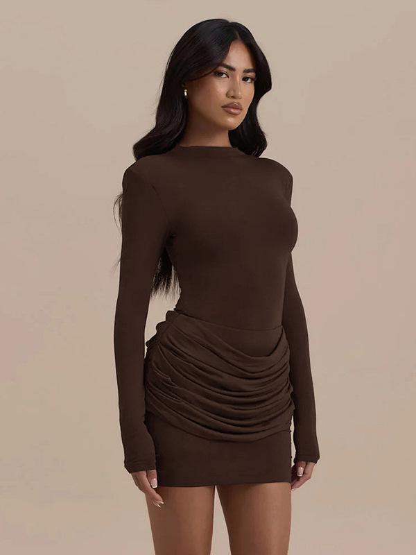 Women's Slim-Fit Pleated Dress: Long Sleeve, Waist-Cinching, Solid Color, Hip-Hugging Design