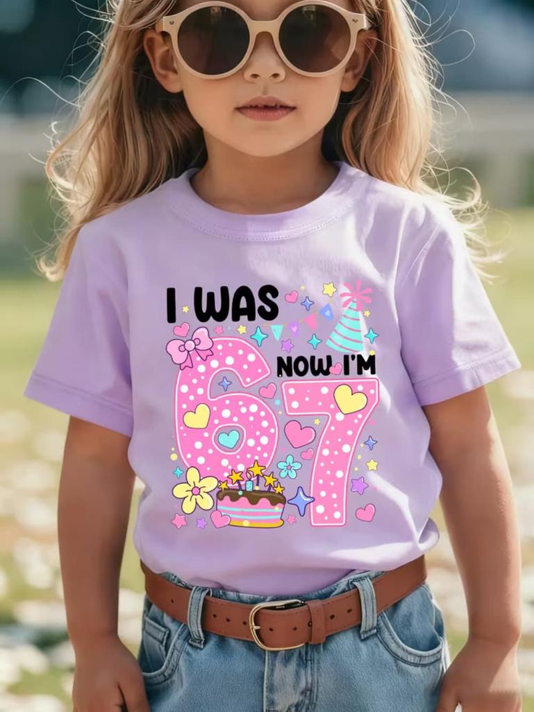 67 Meme T-Shirt for Girls 6-7 Years Old Birthday Party Gifts Summer Short Sleeve Tees Crew Neck Graphic Y2k Children's Clothing