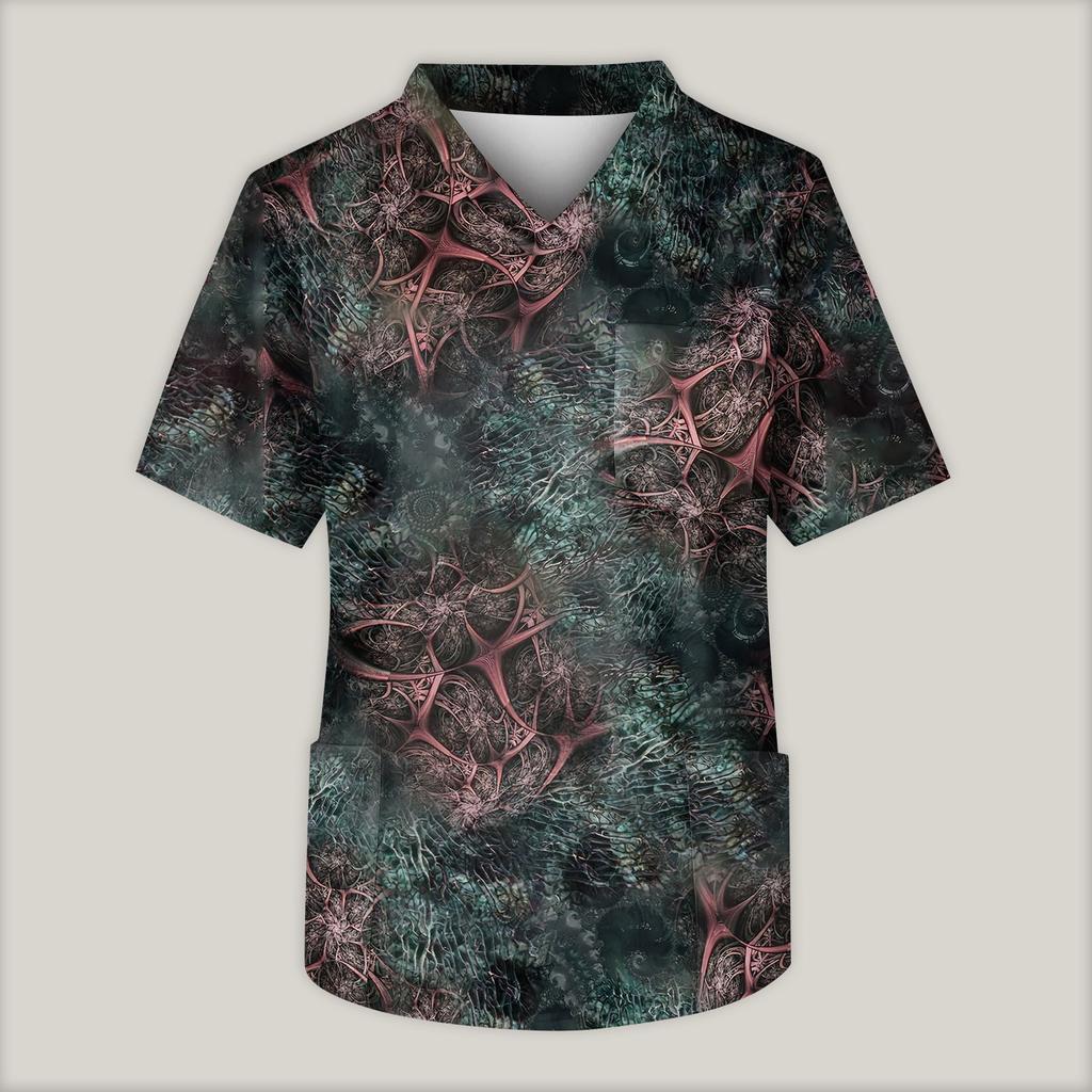 Blusa de trabajo con cuello en V y manga corta estampada para hombre, con bolsillo en el pecho