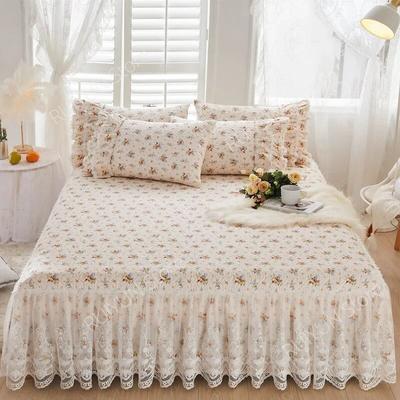 Falda de cama de encaje de princesa decorativa con flores, 100 % algodón acolchado, gruesa, antideslizante, para el hogar