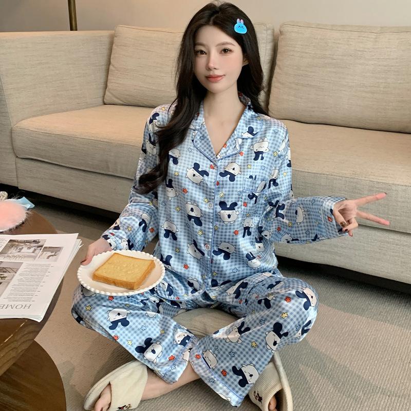 Ice Silk Pajamas Women'S Spring And Summer Thin Long-Sleeved Trousers Fashion Cool Cardigan Loungewear Suit Can Be Worn Outside