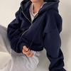 Vintage Korean Women's Oversized Zip Up Hoodie Jacket Long Sleeve Solid Color Harajuku Fashion Autumn Hooded Sweatshirt