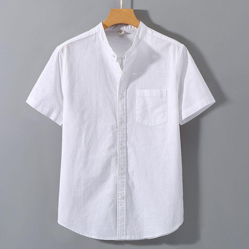 Men's Summer Cotton Linen Short Sleeve Shirt - Solid Color Casual Stand Collar Top