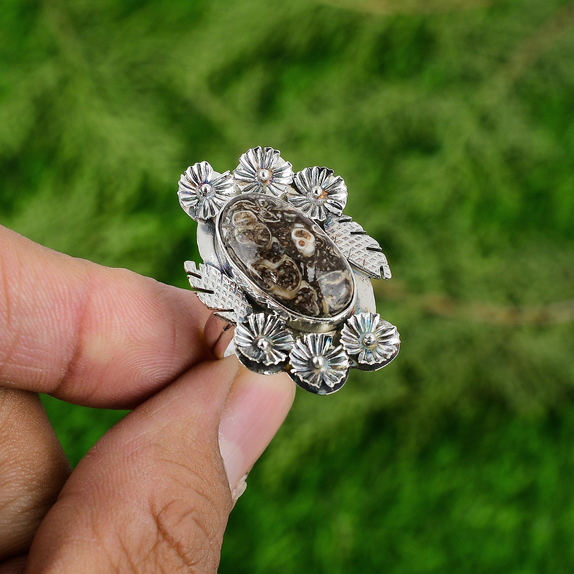 

Gift For Her Natural Turritella Agate Promise Flower Adjustable Ring 925 Silver Adjustable